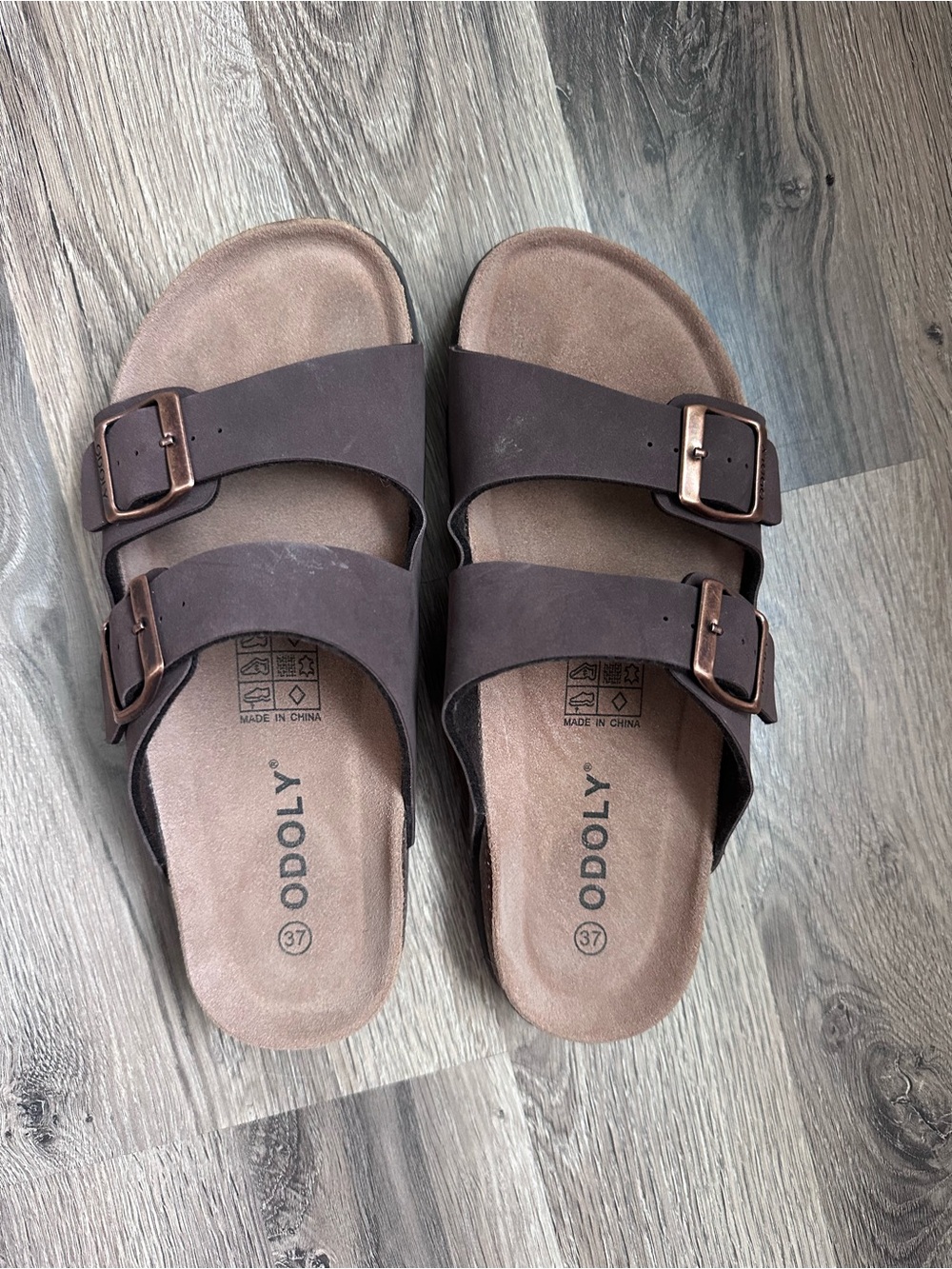 Brown Double-Buckle Slide Sandals